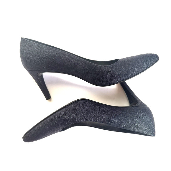 Stuart Weitzman Pumps 8N Black Textured Leather Pointed Toe Slim Heels Elegant - Picture 5 of 11